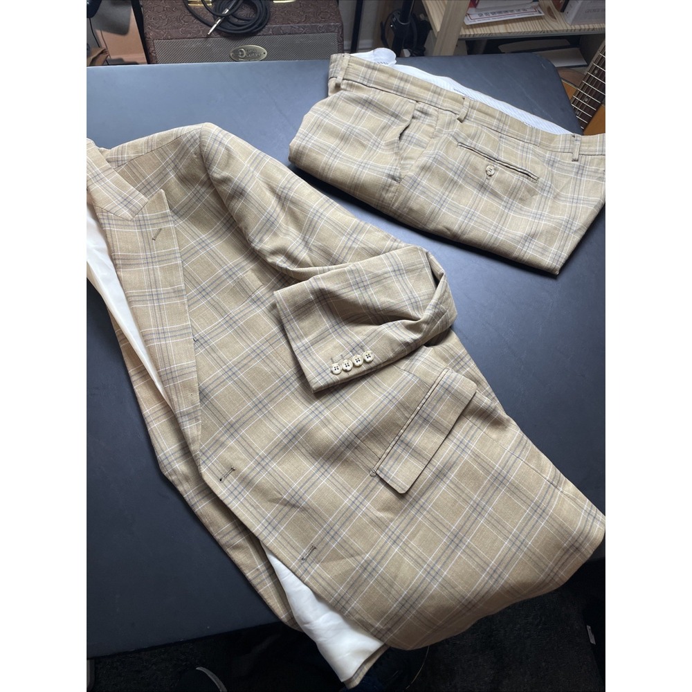 VITALI  Men's 2PC Beige Blue Windowpane suit Jacket 48L Pants 46 X 28